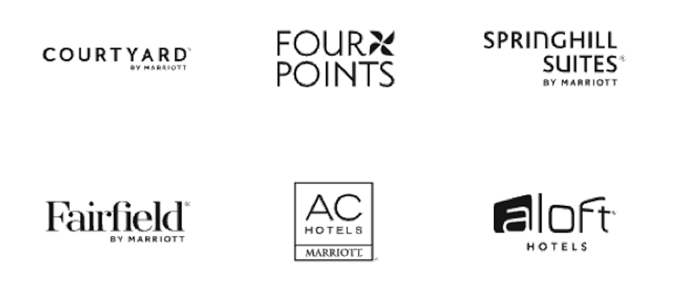 Logos for the following hotels: Courtyard, Four Points, Springhill Suites, Fairfield, AC Hotels, Aloft Hotels.