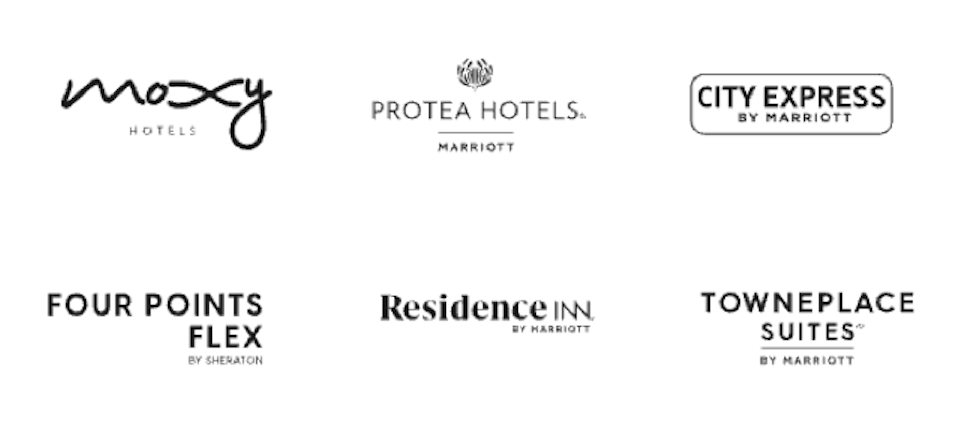 Logos for the following hotels: Moxy Hotels, Protea Hotels, City Express, Four Points Flex, Residence Inn, Towneplace Suites.