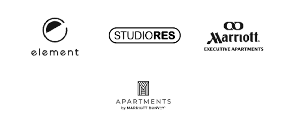 Logos for the following hotels: Element, StudioRes, Marriott Executive Apartments, Apartments by Marriott Bonvoy.