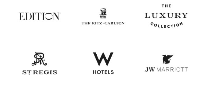 Logos for the following hotels: Edition, The Ritz-Carlton, The Luxury Collection, St. Regis, W Hotels, JW Marriott.