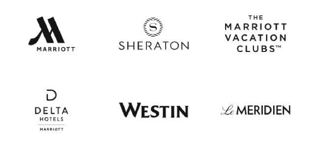 Logos for the following hotels: Marriott, Sheraton, The Marriott Vacation Clubs, Delta Hotels, Westin, Le Meridien.