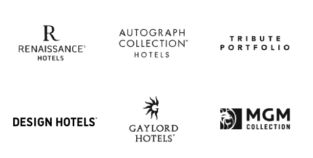 Logos for the following hotels: Renaissance Hotels, Autograph Collection Hotels, Tribute Portfolio, Design Hotels, Gaylord Hotels, MGM Collection.