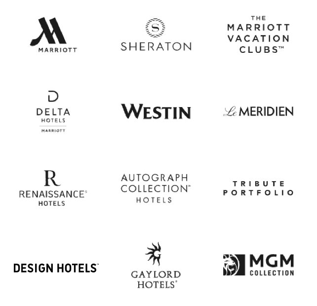 Logos for the following hotels: Marriott, Sheraton, The Marriott Vacation Clubs, Delta Hotels, Westin, Le Meridien, Renaissance Hotels, Autograph Collection Hotels, Tribute Portfolio, Design Hotels, Gaylord Hotels, MGM Collection.